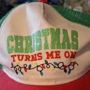 Christmas Turns Me On Glitter Holiday Cap - White, Green, Red Mesh Trucker